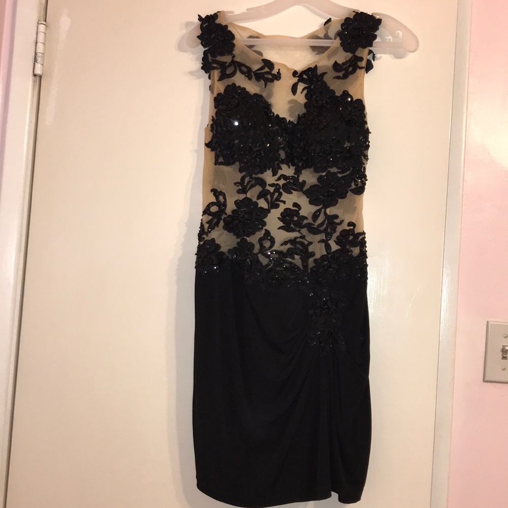 Black mesh beaded draped dress